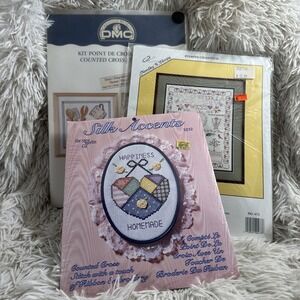 (3) VTG DMC Coffee Pot/Bowls; Needles N Hoops New Heirloom;Oval Cross Stitch KIT